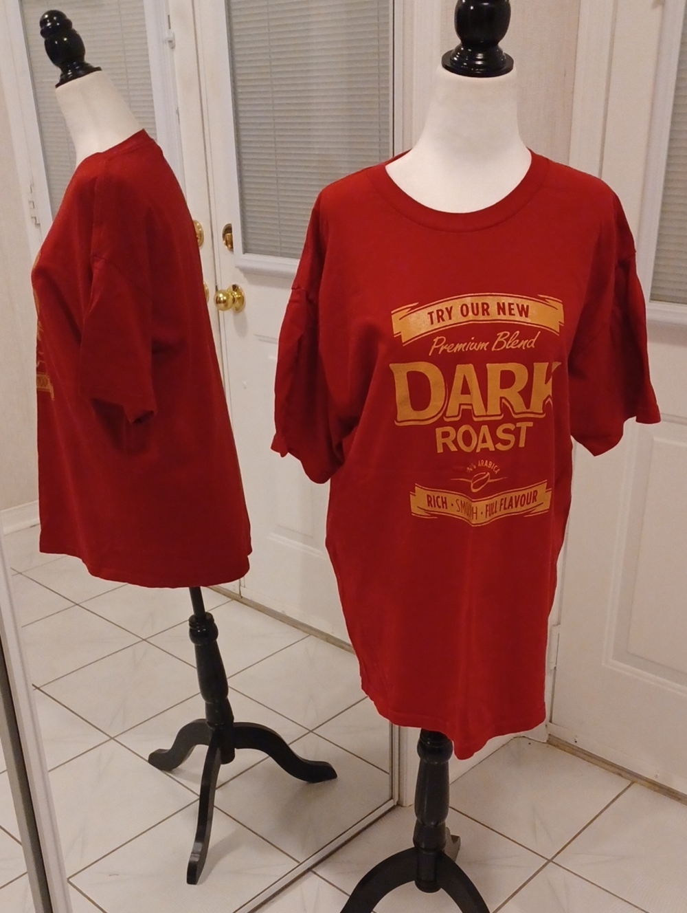 4/$40 Tim Hortons Red "Dark Roast" Graphic Tee - Size Large